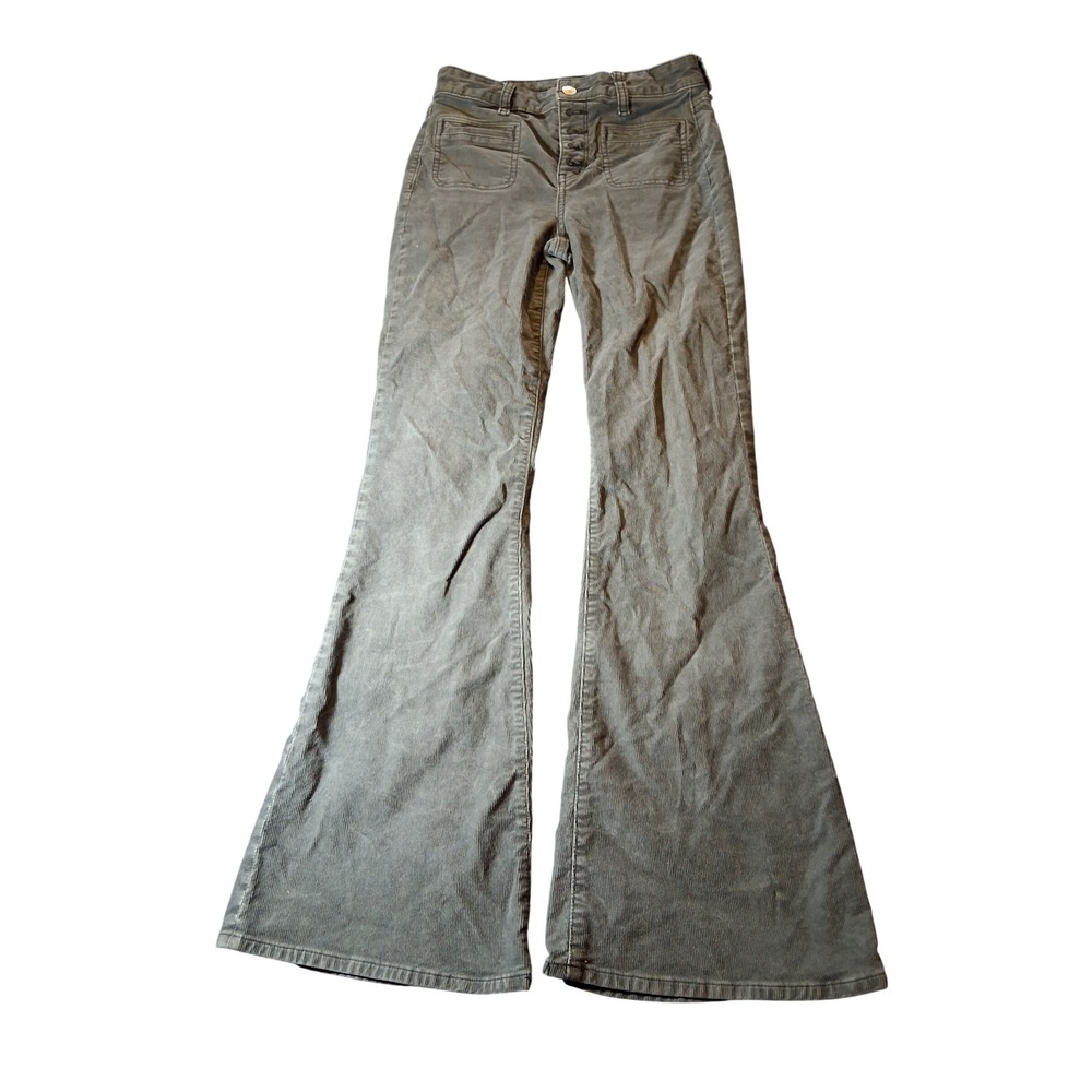 American Eagle Super Hi-Rise Flare Gray Corduroy Button Fly Pants Women 0 Reg